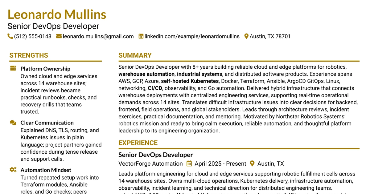 33 Senior DevOps Developer (Cloud Automation) Resume Templates with Example 2026 (ATS-Optimized)
