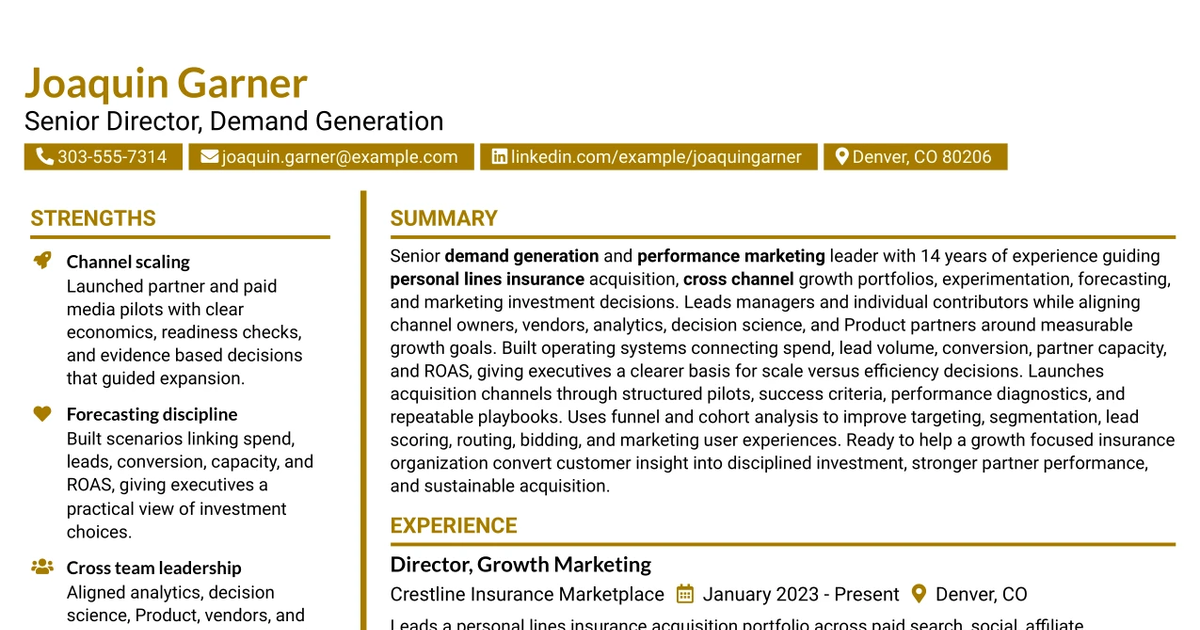 33 Senior Director, Demand Generation - Insurance Growth Marketing Resume Templates with Example 2026 (ATS-Optimized)