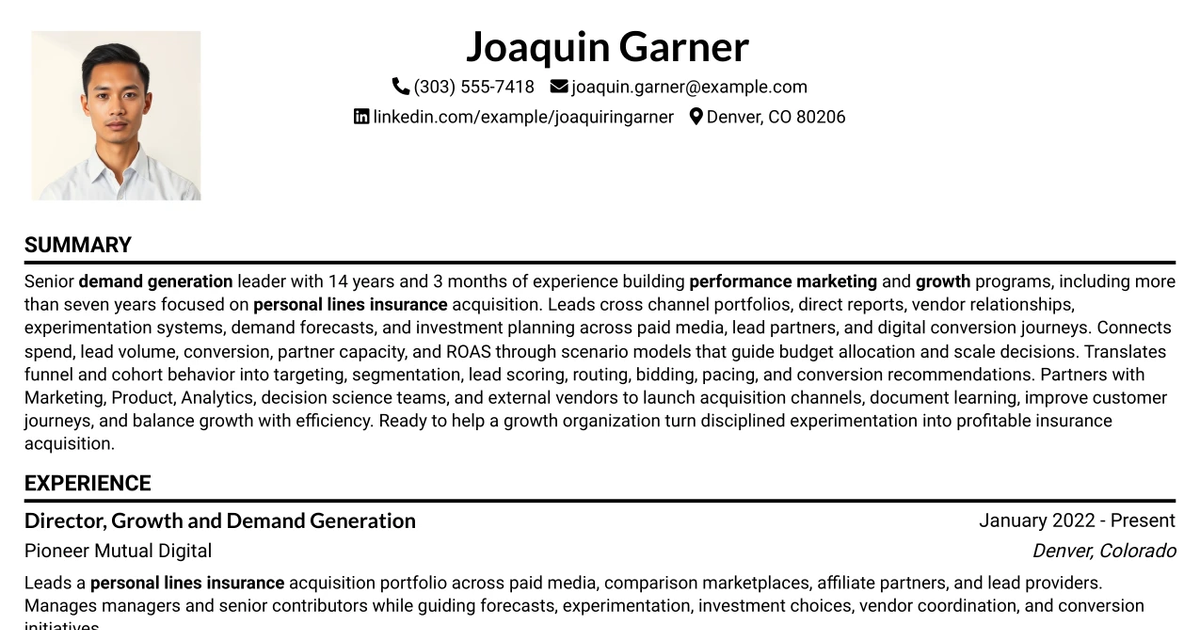 33 Senior Director, Demand Generation - Insurance Growth Resume Templates with Example 2026 (ATS-Optimized)