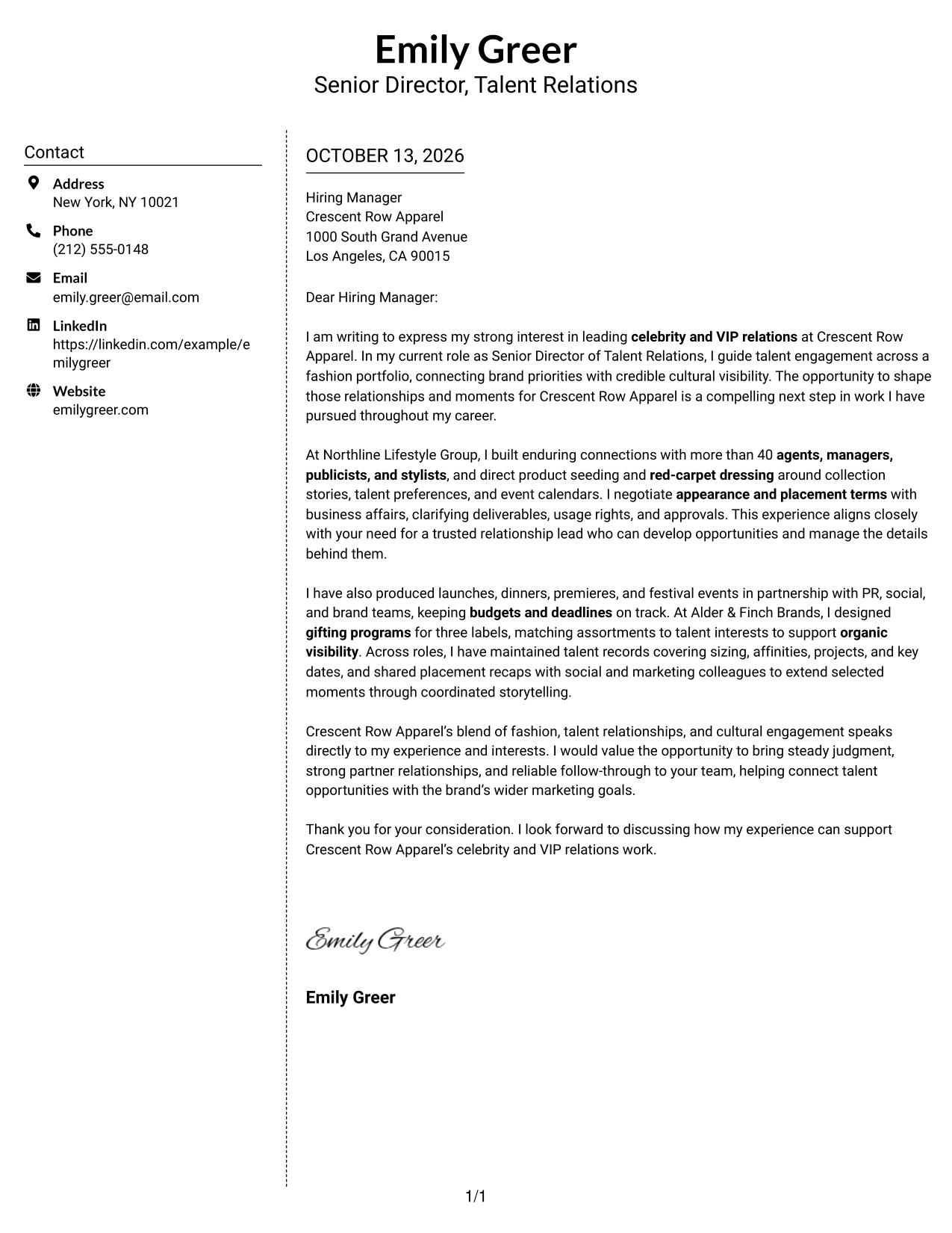 Cover Letter Example Page 1