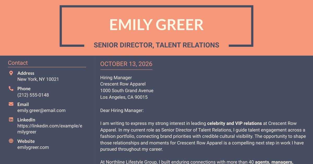 7 Senior Director, Head of Celebrity & VIP Relations Cover Letter Templates with Example