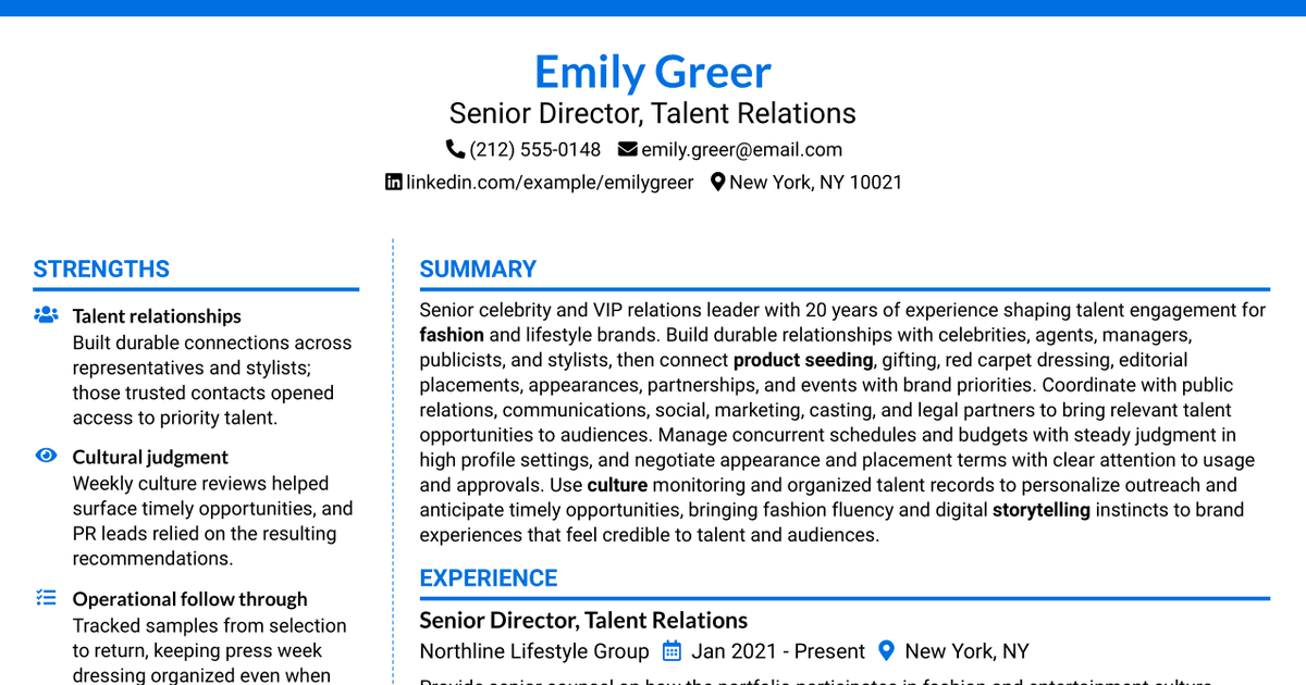 7 Senior Director, Head of Celebrity & VIP Relations Resume Templates with Example