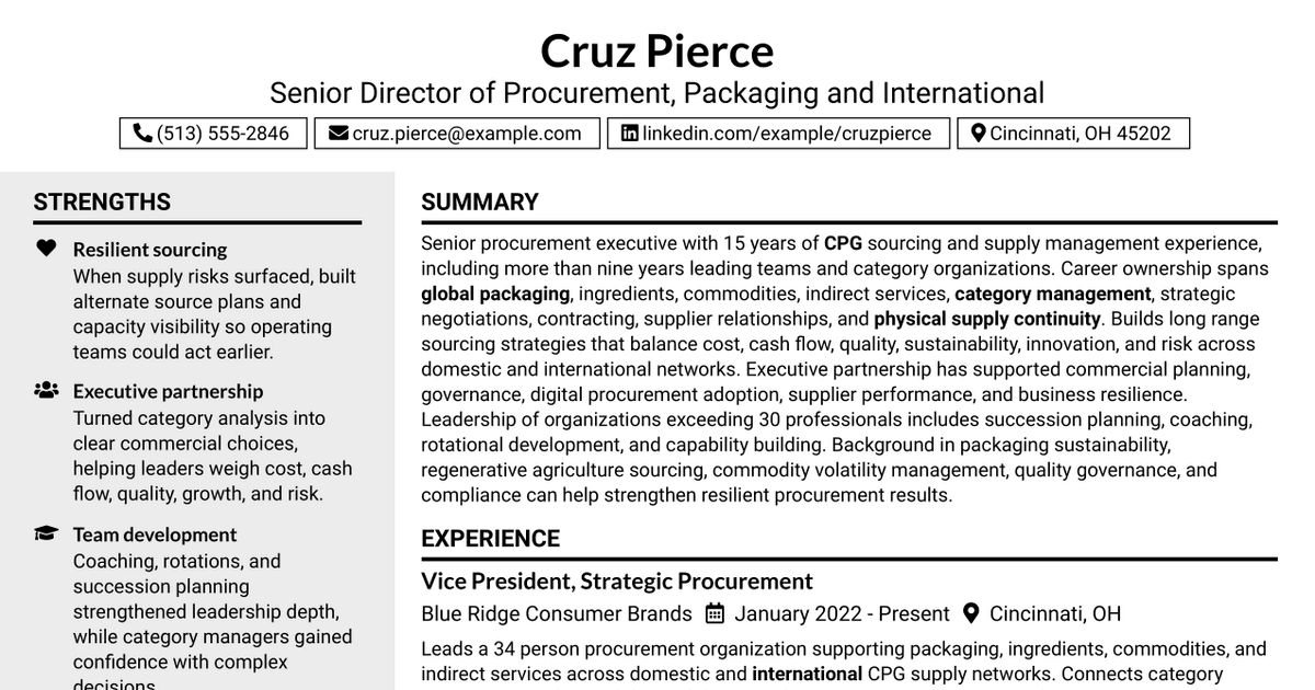 7 Senior Director of Procurement - Packaging & International Resume Templates with Example