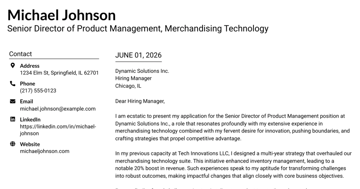 30+ Senior Director of Product Management, Merchandising Technology Cover Letter Templates with Example 2026