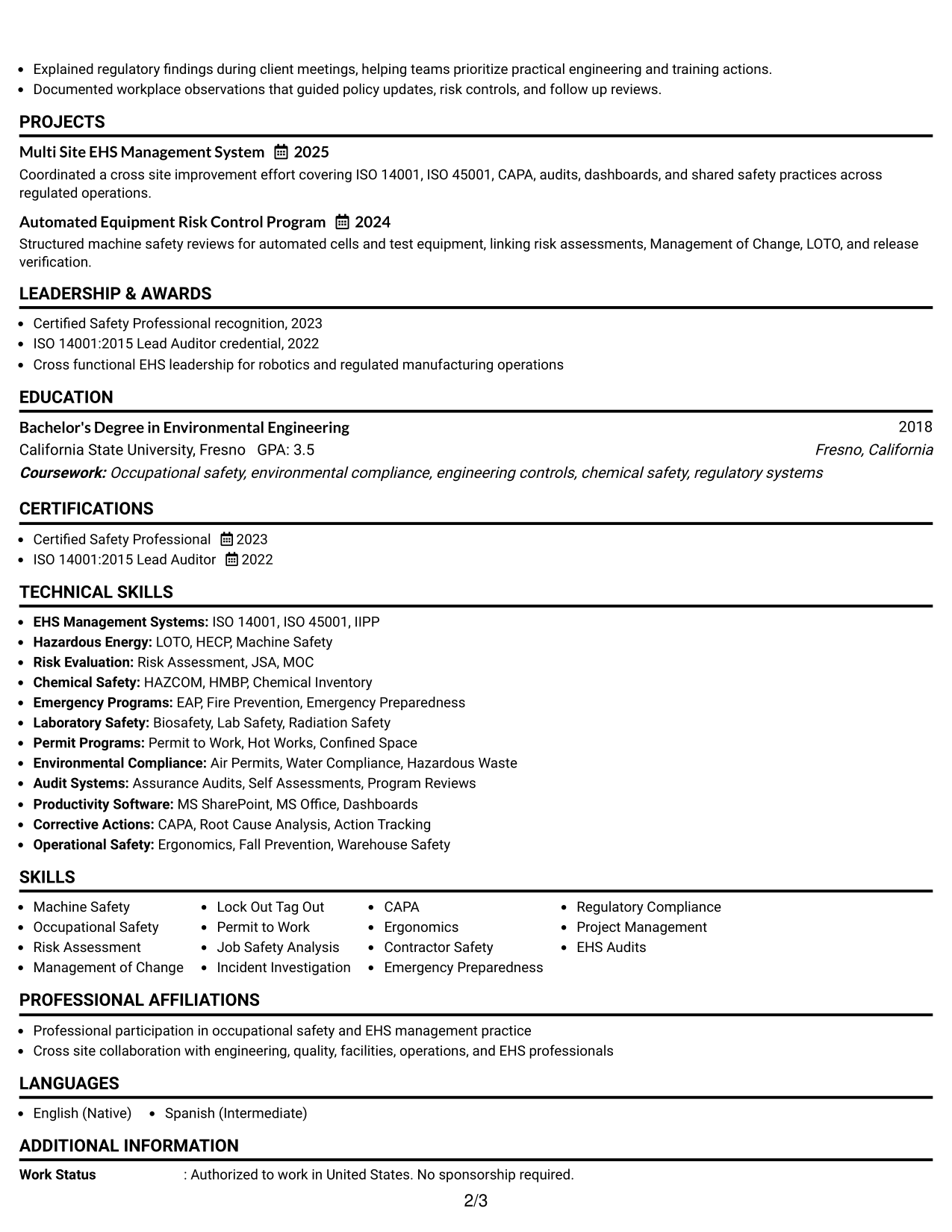 Resume Example Page 2