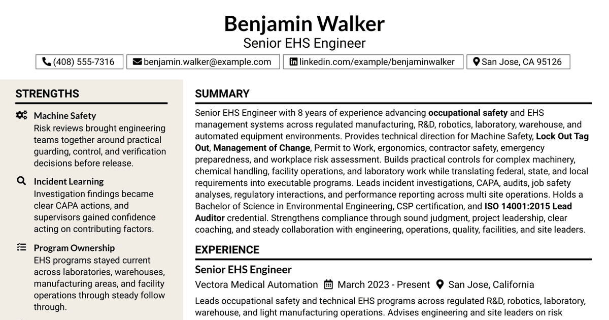 7 Senior EHS Engineer Resume Templates with Example