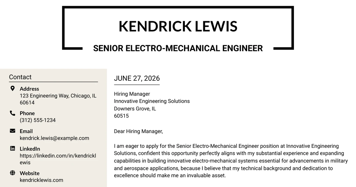 30+ Senior Electro-Mechanical Engineer Cover Letter Templates with Example 2026