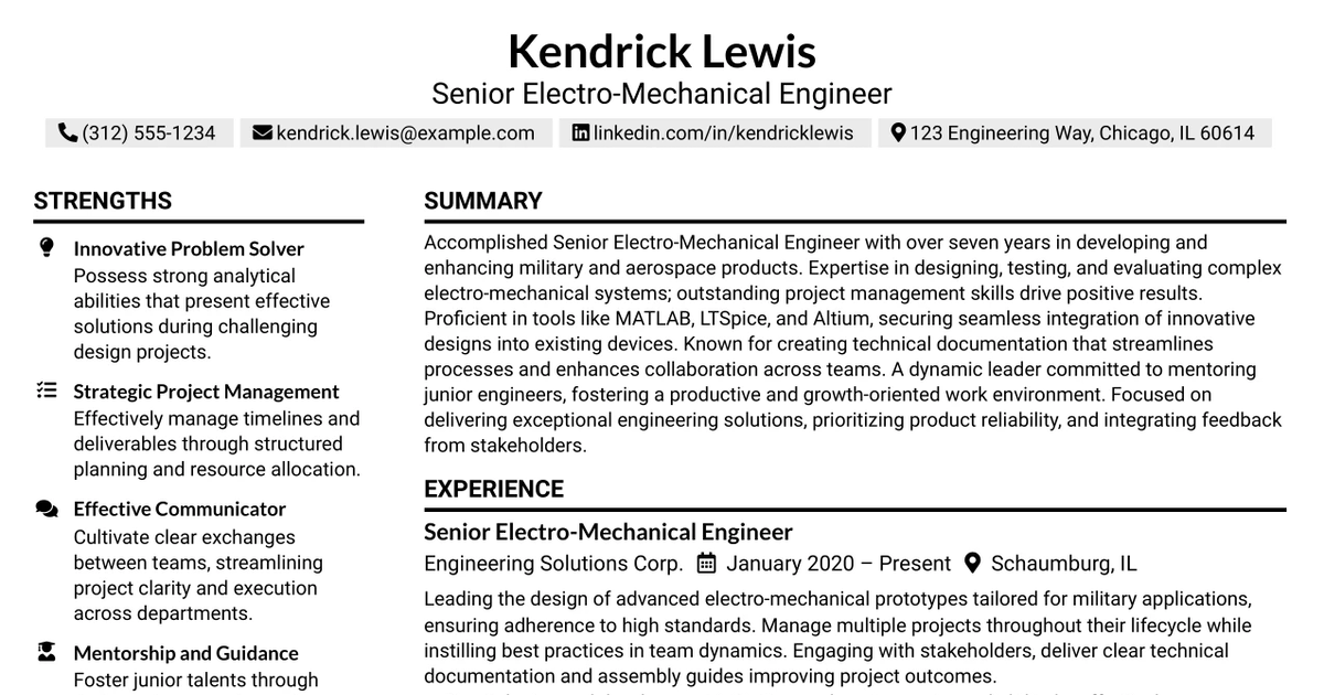 33 Senior Electro-Mechanical Engineer Resume Templates with Example 2026 (ATS-Optimized)