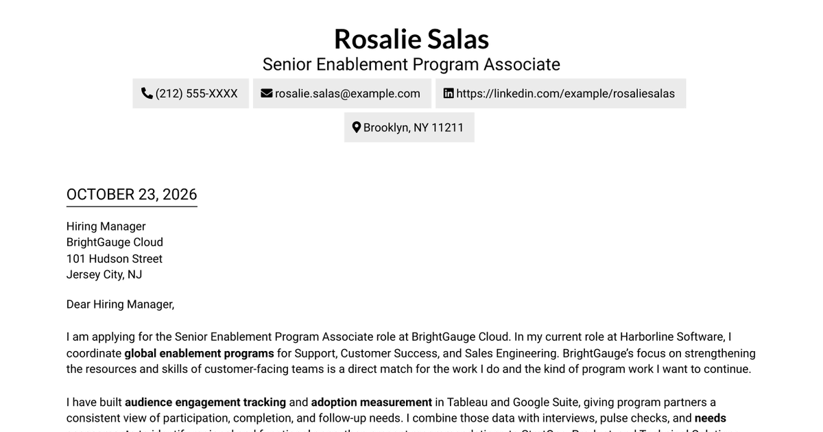 7 Senior Enablement Program Associate - Technical Solutions Enablement Cover Letter Templates with Example