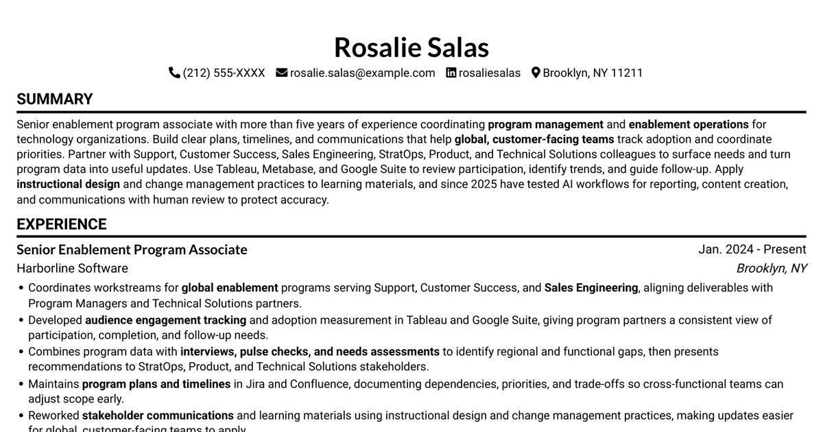 7 Senior Enablement Program Associate - Technical Solutions Enablement Resume Templates with Example