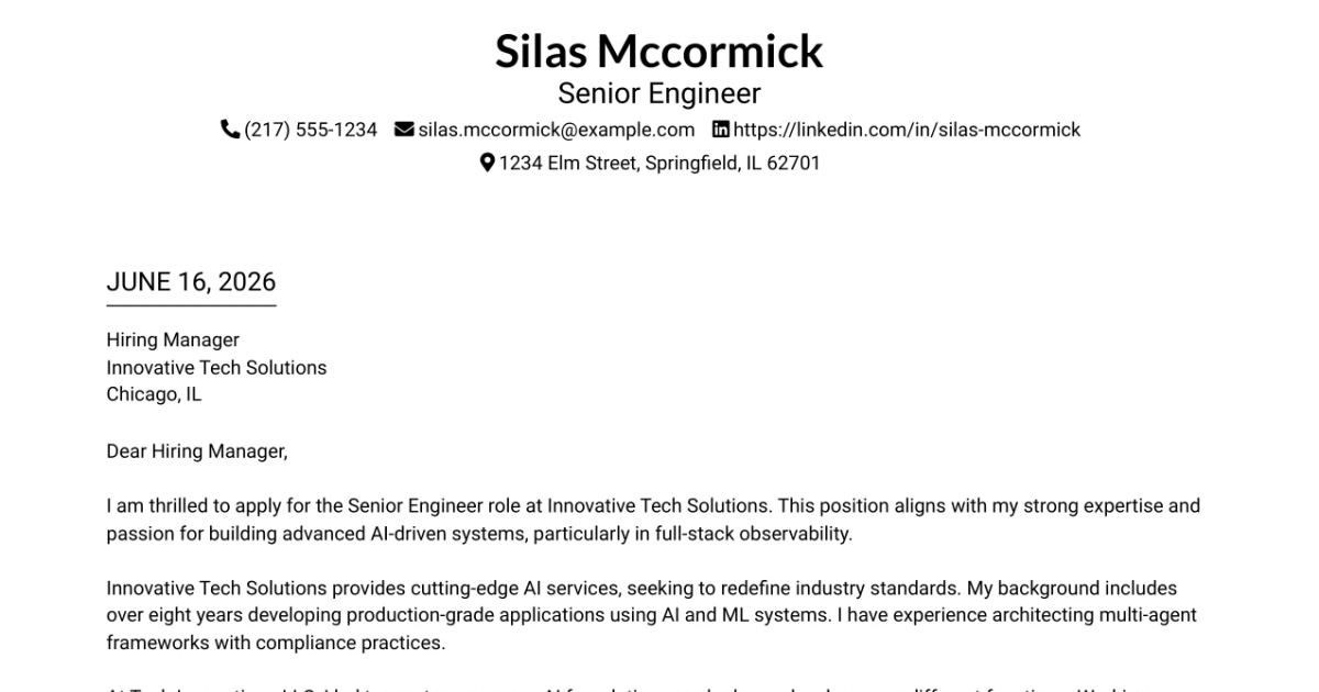 30+ Senior Engineer Cover Letter Templates with Example 2026