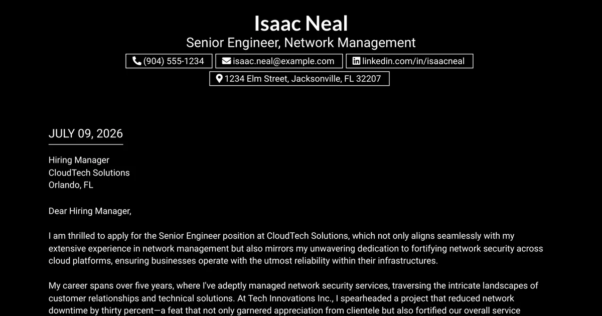 30+ Senior Engineer, Network Management Cover Letter Templates with Example 2026