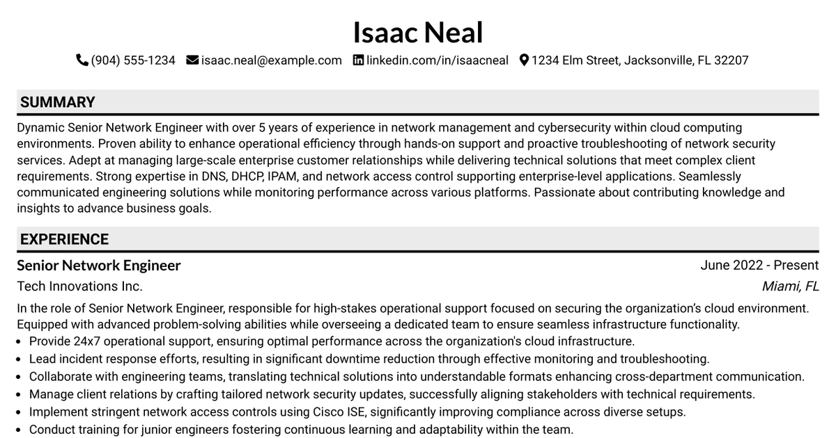 33 Senior Engineer, Network Management Resume Templates with Example 2026 (ATS-Optimized)