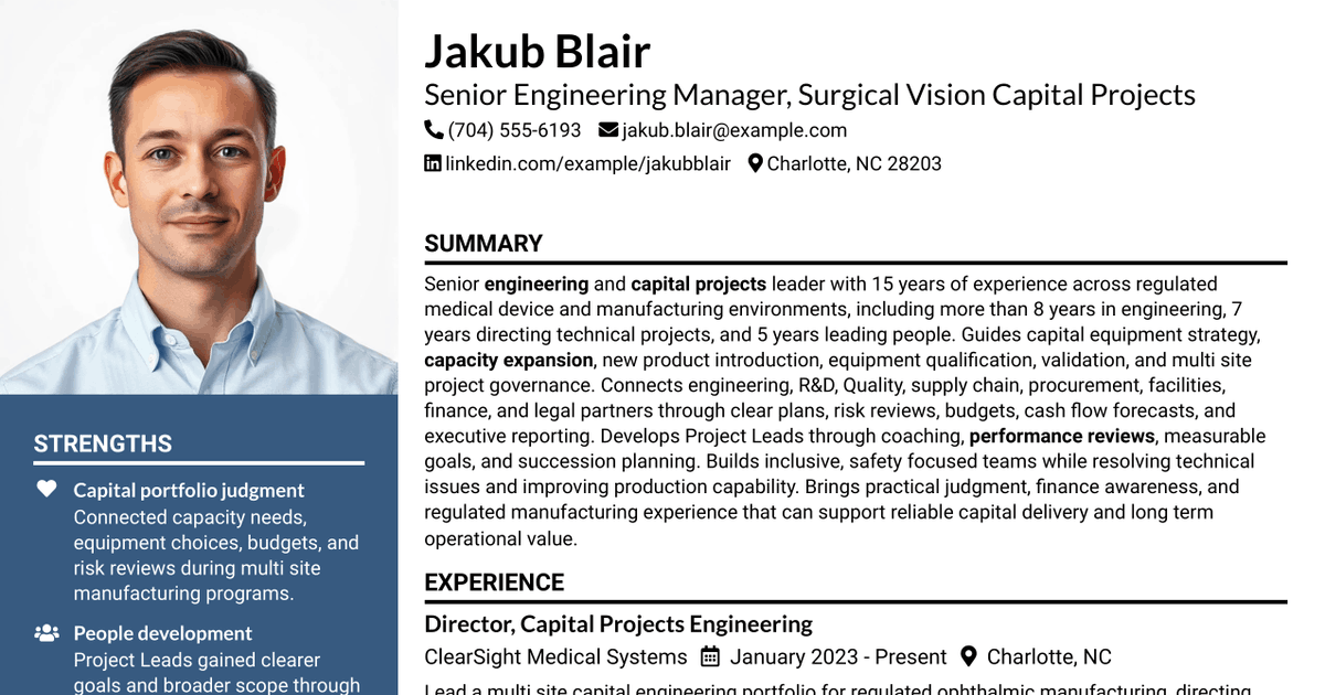 7 Senior Engineering Manager, Surgical Vision Capital Projects Resume Templates with Example