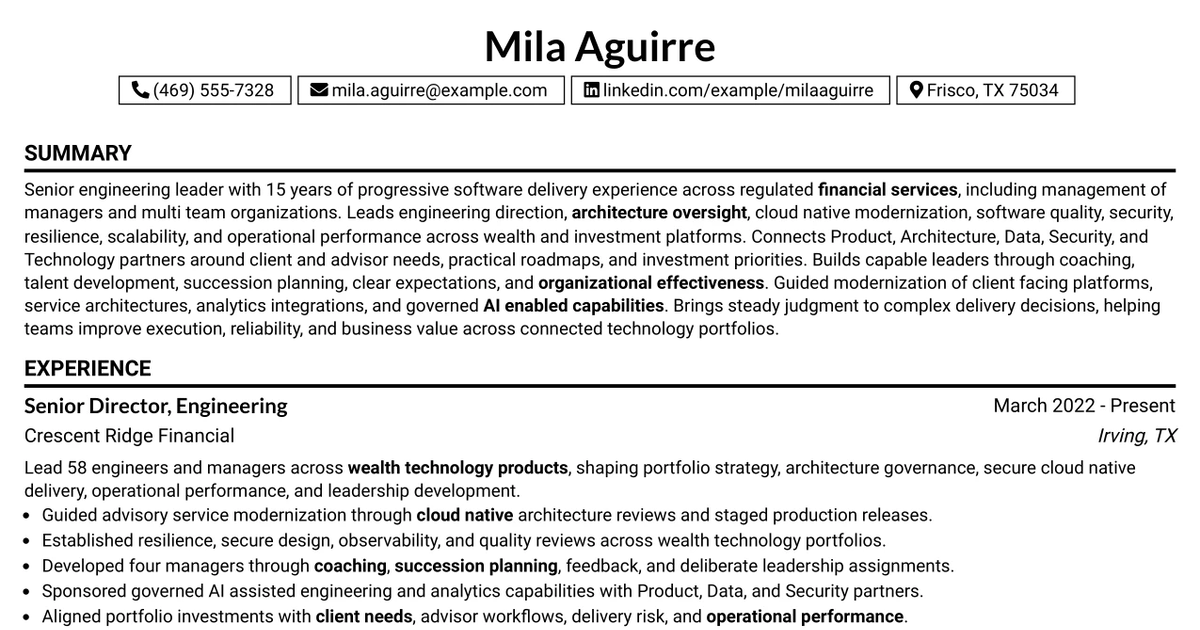 33 Senior Engineering Manager - Wealth Management Technology Resume Templates with Example 2026 (ATS-Optimized)