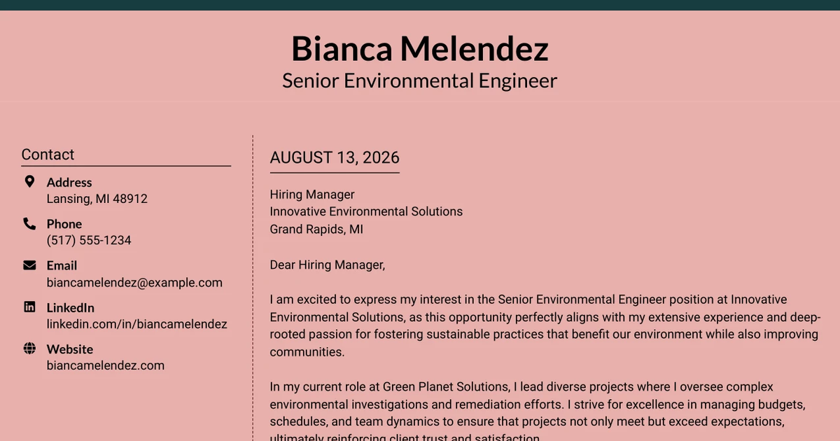 30+ Senior Environmental Engineer Cover Letter Templates with Example 2026