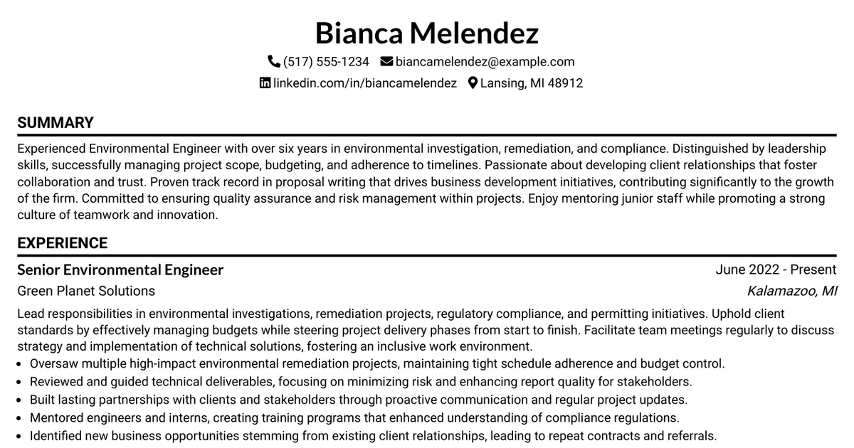 33 Senior Environmental Engineer Resume Templates with Example 2026 (ATS-Optimized)