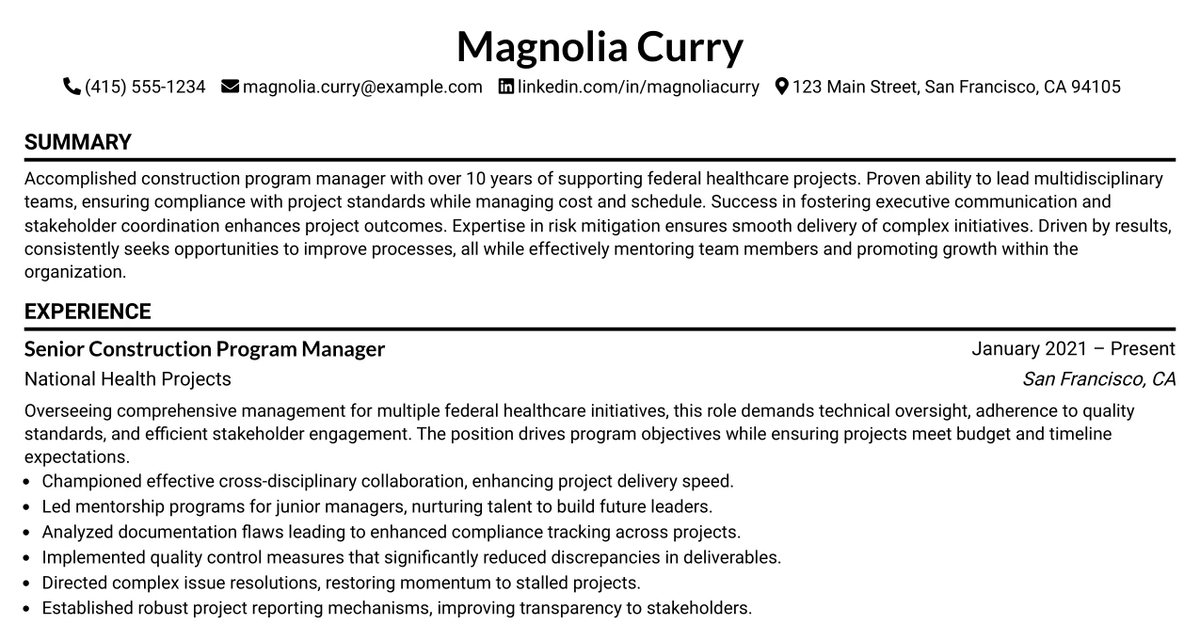 33 Senior Federal Construction Program Manager Resume Templates with Example 2026 (ATS-Optimized)