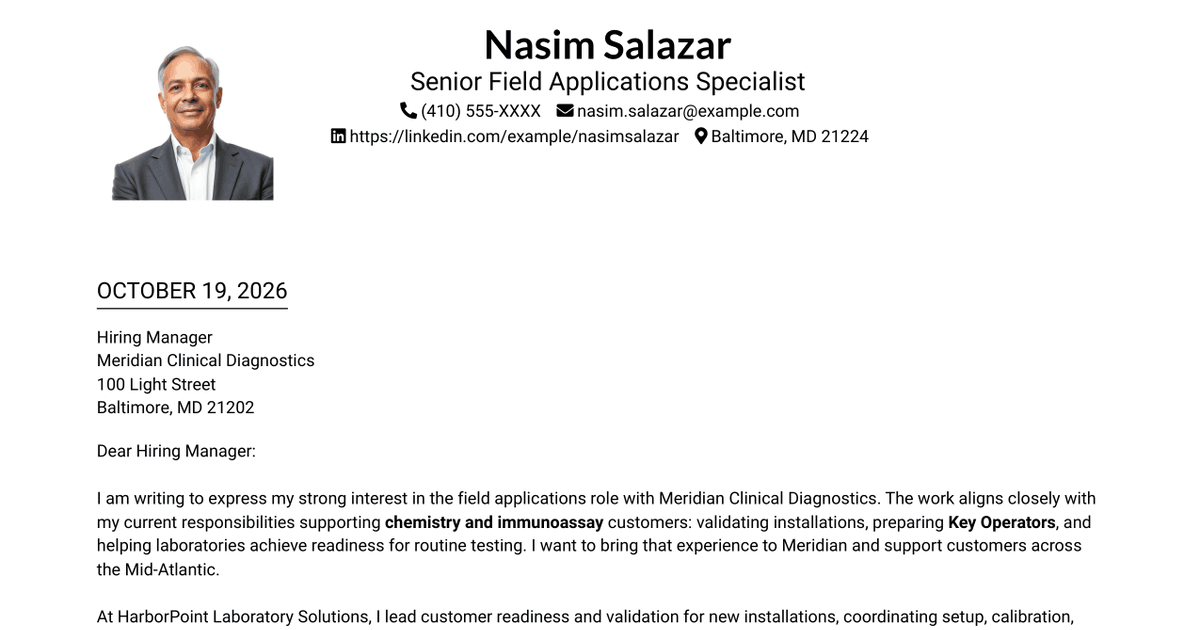 7 Senior Field Applications Specialist - Chemistry and Immunoassay Cover Letter Templates with Example