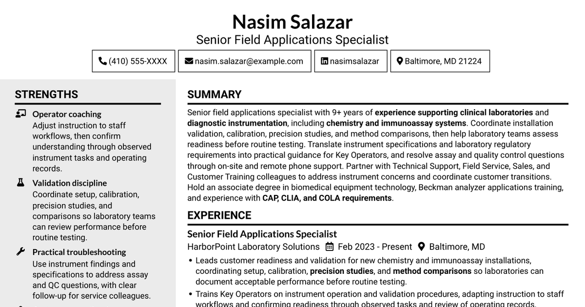 7 Senior Field Applications Specialist - Chemistry and Immunoassay Resume Templates with Example