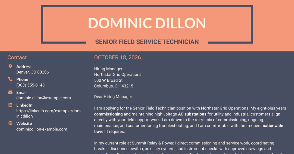 7 Senior Field Technician - AC Substation Commissioning and Maintenance Cover Letter Templates with Example
