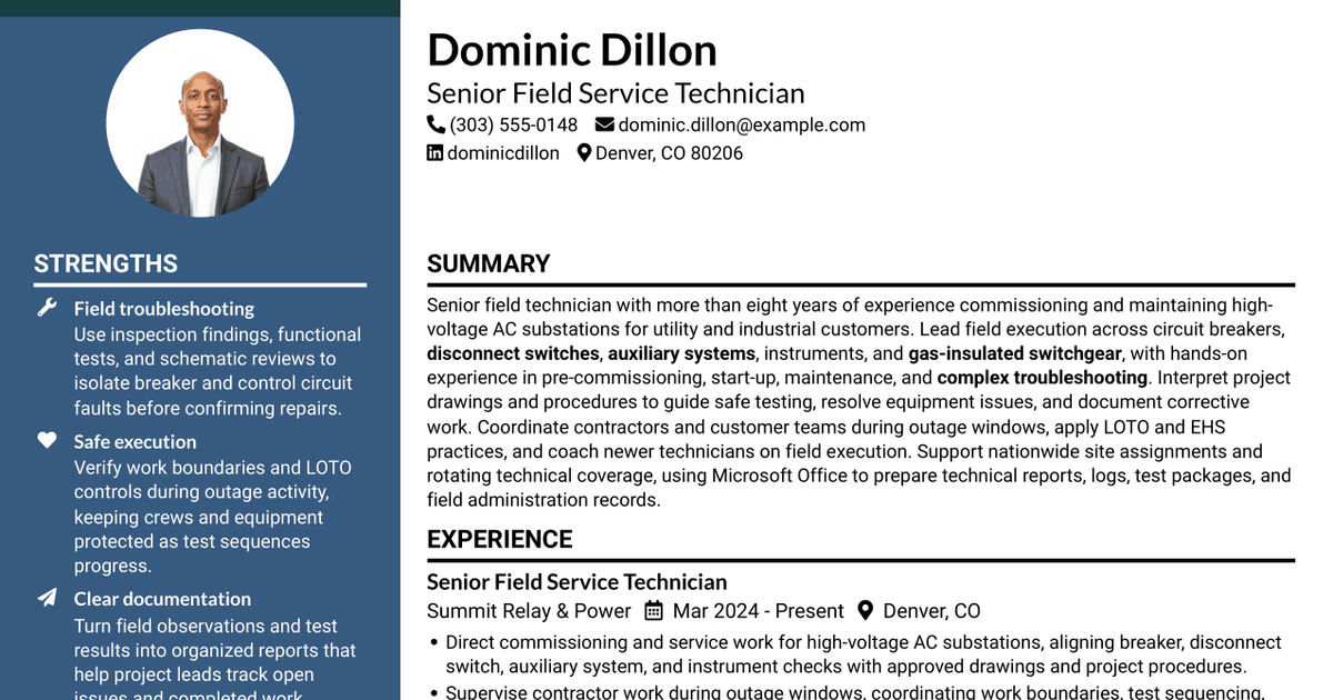 7 Senior Field Technician - AC Substation Commissioning and Maintenance Resume Templates with Example