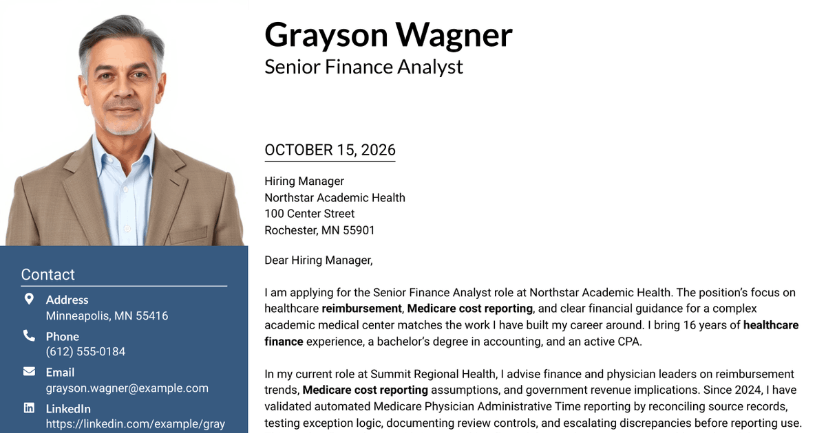 7 Senior Finance Analyst - Healthcare Reimbursement Cover Letter Templates with Example