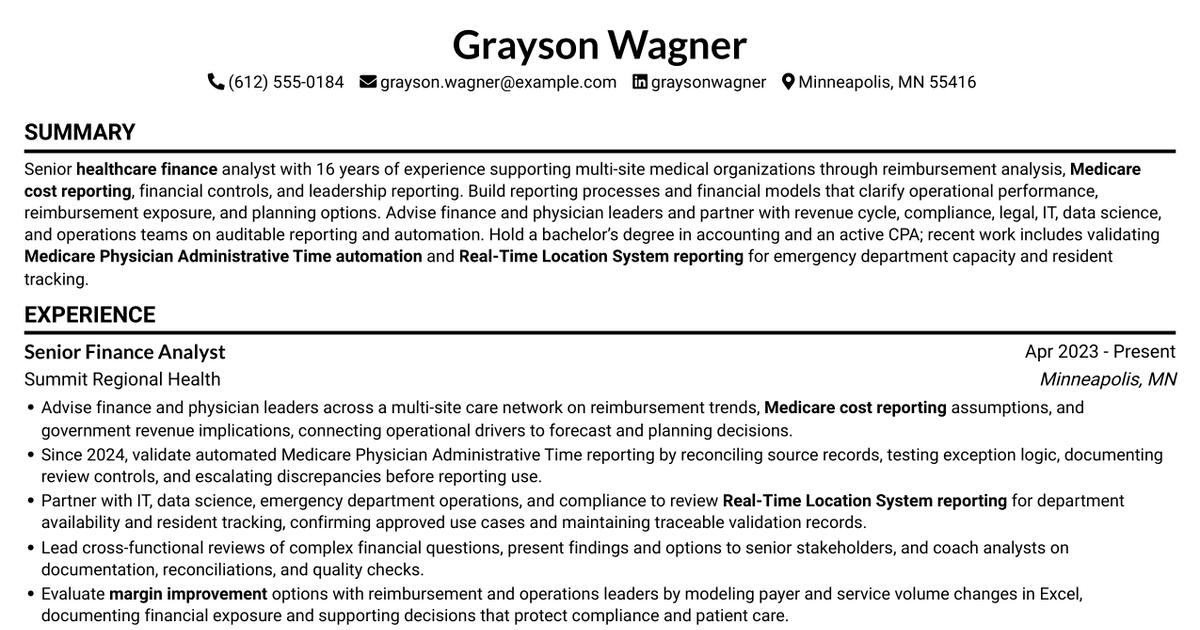 7 Senior Finance Analyst - Healthcare Reimbursement Resume Templates with Example