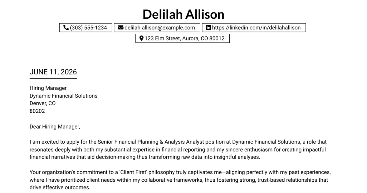 30+ Senior Financial Planning & Analysis Analyst Cover Letter Templates with Example 2026