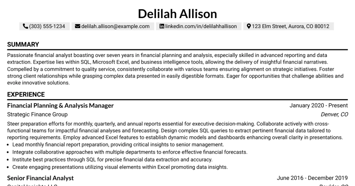 33 Senior Financial Planning & Analysis Analyst Resume Templates with Example 2026 (ATS-Optimized)