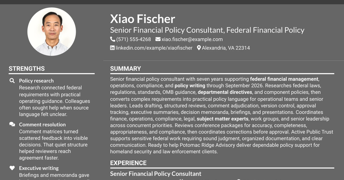 33 Senior Financial Policy Consultant - Federal Financial Policy Resume Templates with Example 2026 (ATS-Optimized)