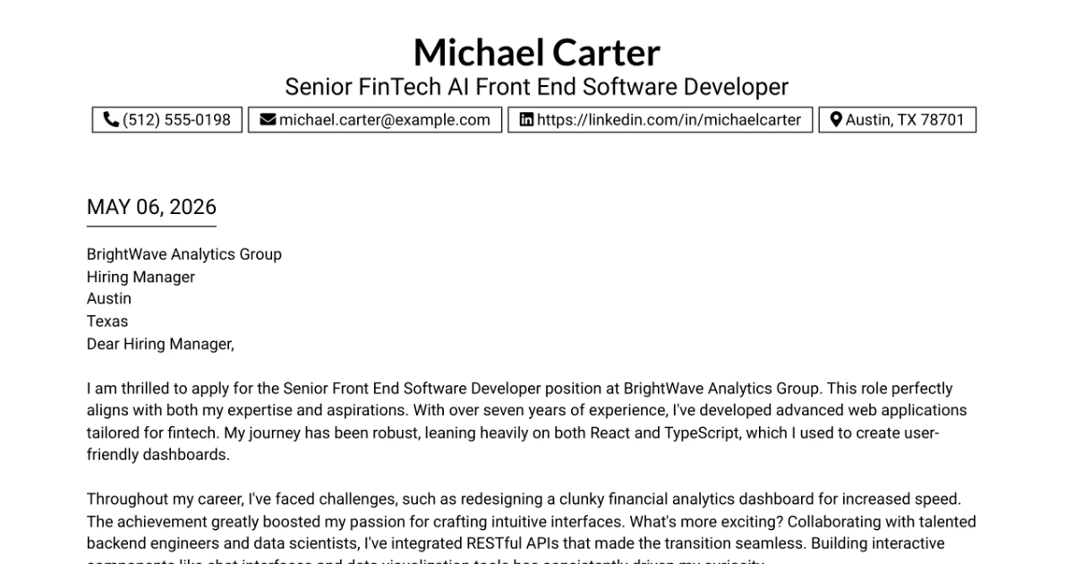 30+ Senior FinTech AI Front End Software Developer Cover Letter Templates with Example 2026