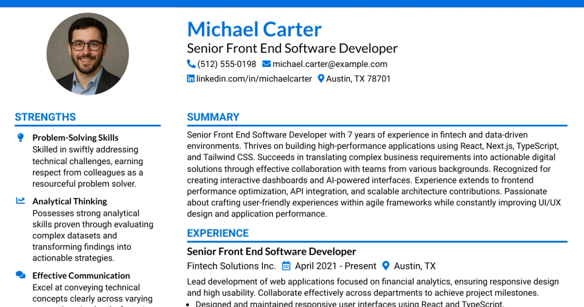 33 Senior FinTech AI Front End Software Developer Resume Templates with Example 2026 (ATS-Optimized)