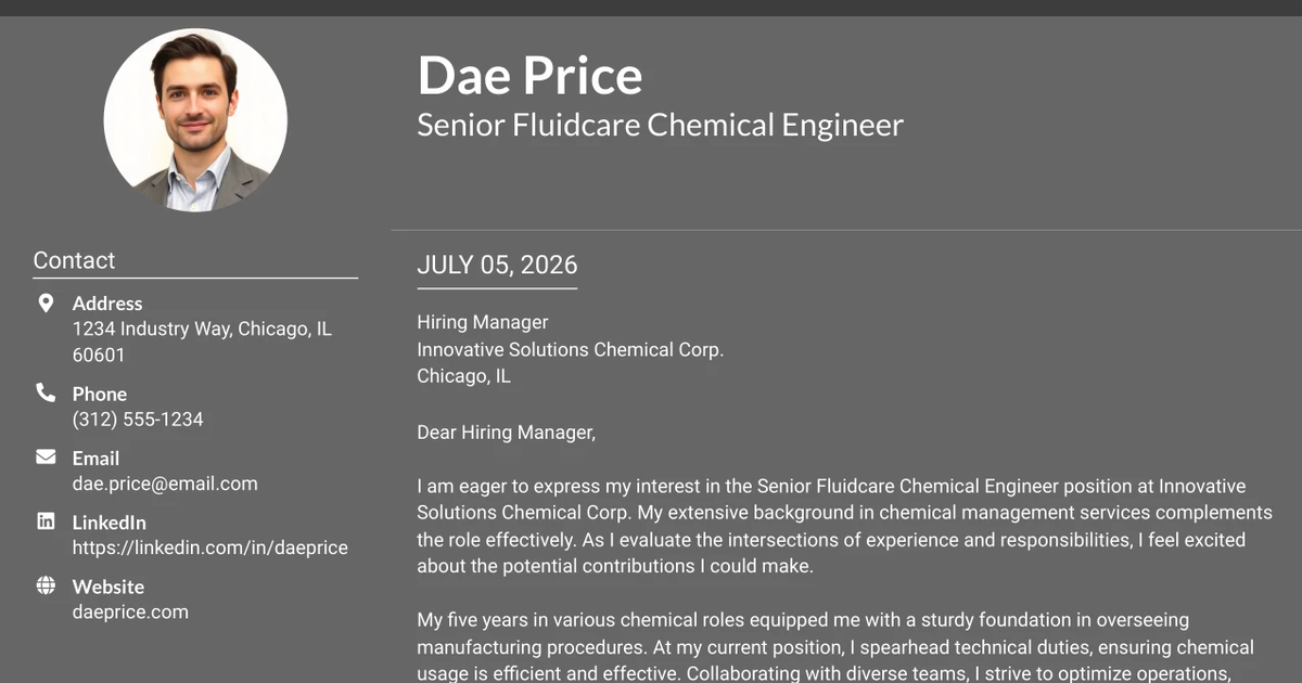 30+ Senior Fluidcare Chemical Engineer Cover Letter Templates with Example 2026