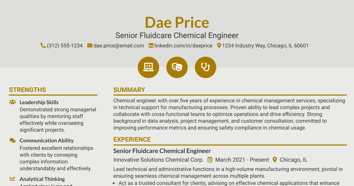 33 Senior Fluidcare Chemical Engineer Resume Templates with Example 2026 (ATS-Optimized)