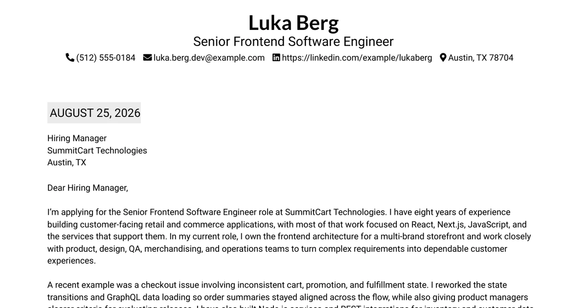 30+ Senior Frontend Software Engineer Cover Letter Templates with Example 2026