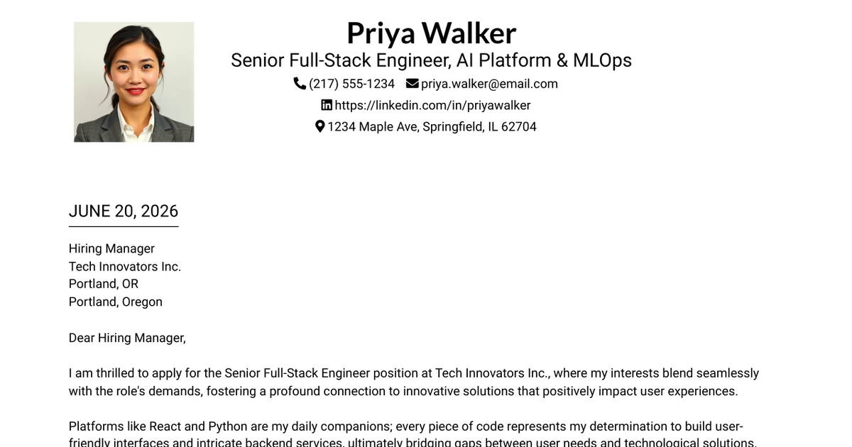 30+ Senior Full-Stack Engineer, AI Platform & MLOps Cover Letter Templates with Example 2026