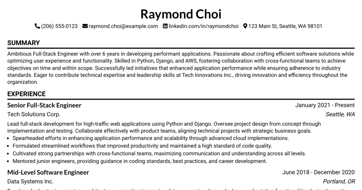 33 Senior Full-Stack Engineer Resume Templates with Example 2026 (ATS-Optimized)