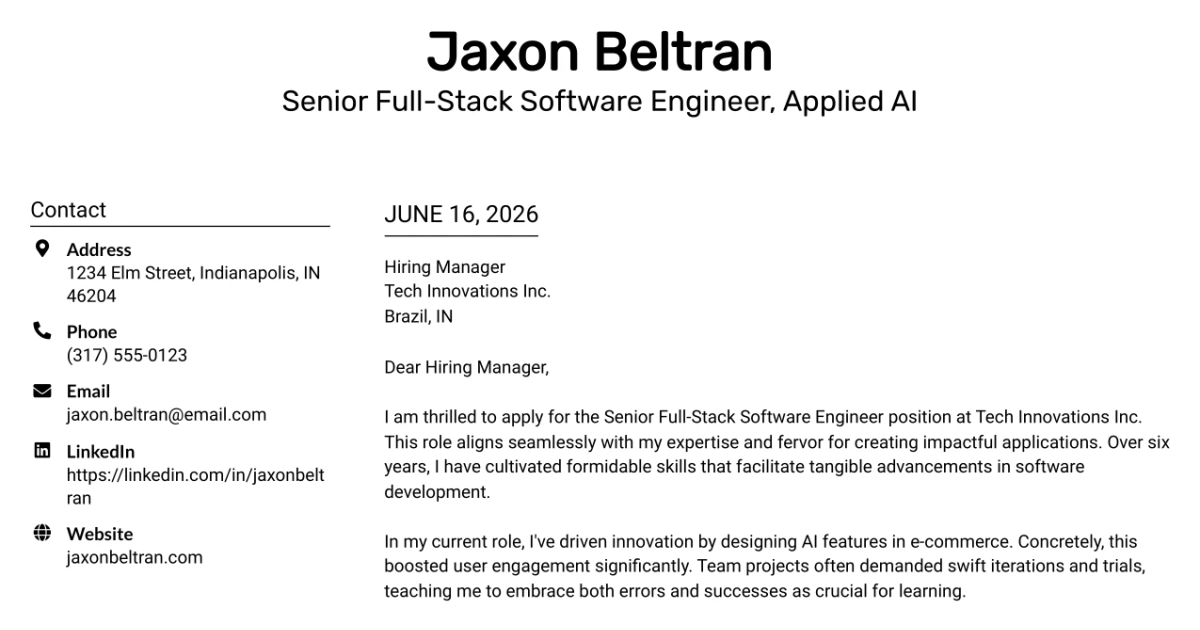 30+ Senior Full-Stack Software Engineer, Applied AI Cover Letter Templates with Example 2026