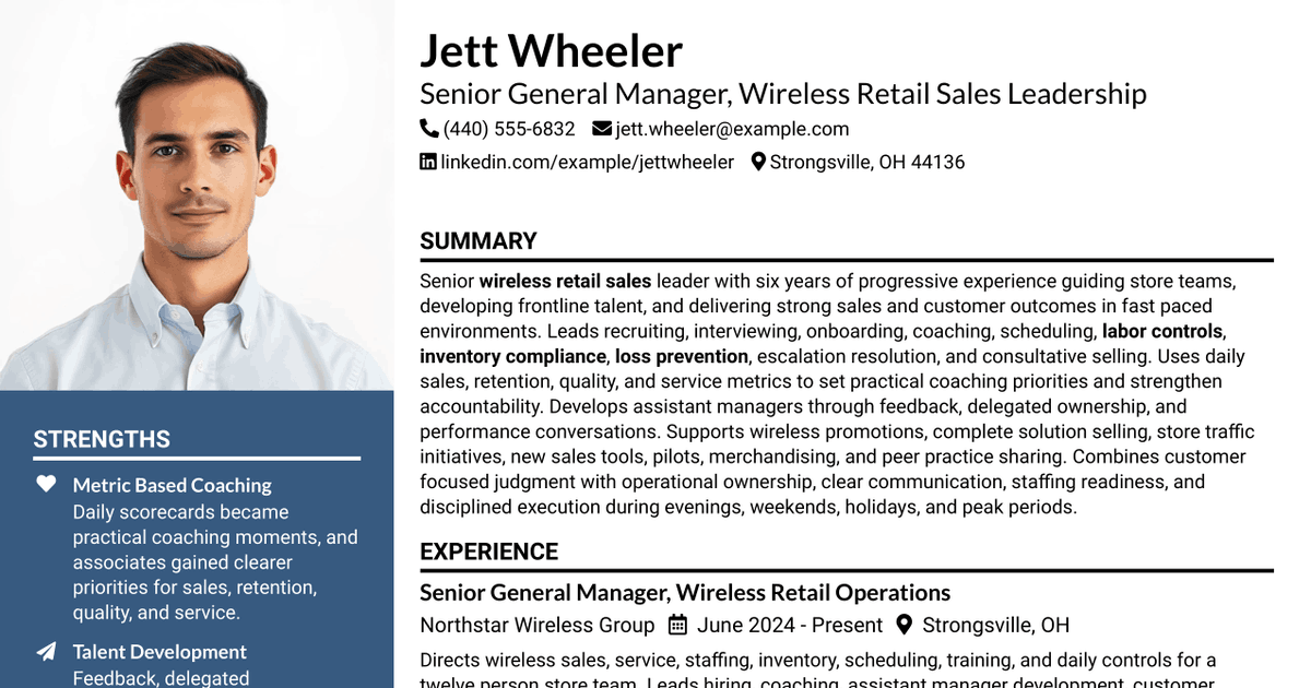 7 Senior General Manager - Wireless Retail Sales Leadership Resume Templates with Example