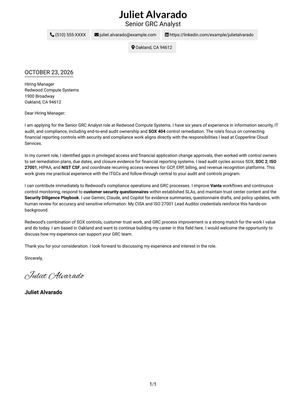 Cover letter example — page 1
