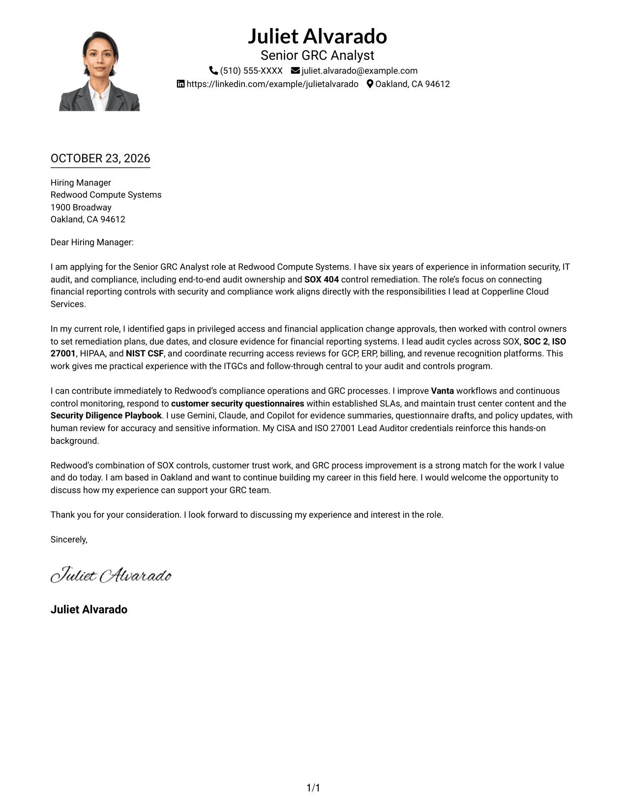 Cover letter example — page 1