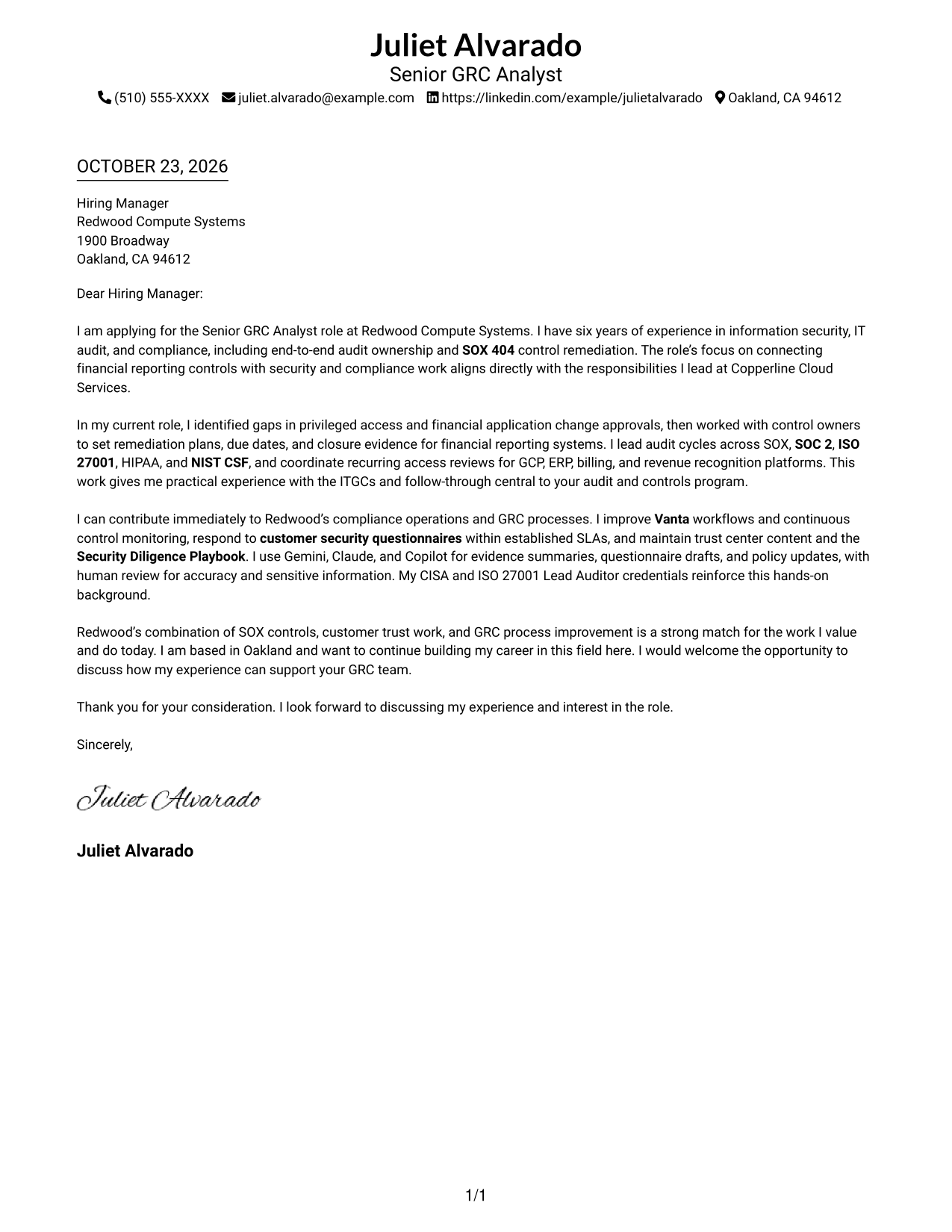 Cover letter example — page 1