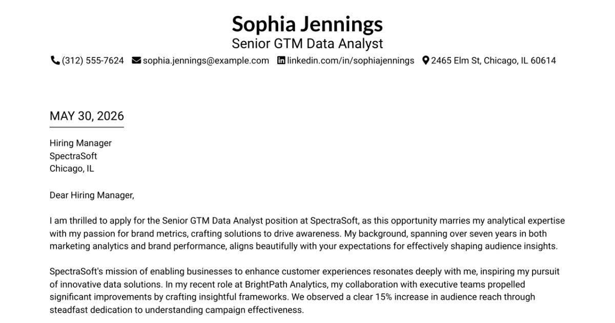 30+ Senior GTM Data Analyst Cover Letter Templates with Example 2026