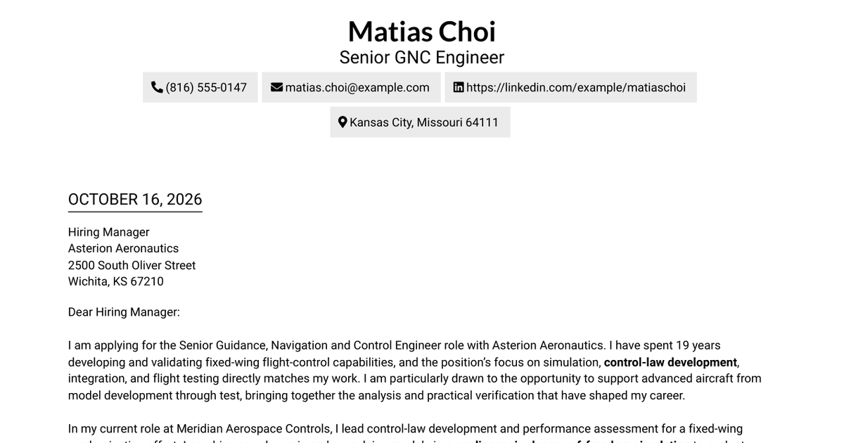 7 Senior Guidance, Navigation and Control (GNC) Engineer - Flight Control Systems Cover Letter Templates with Example