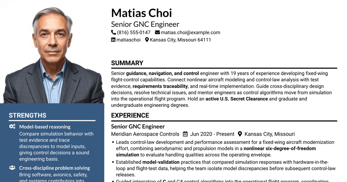 7 Senior Guidance, Navigation and Control (GNC) Engineer - Flight Control Systems Resume Templates with Example