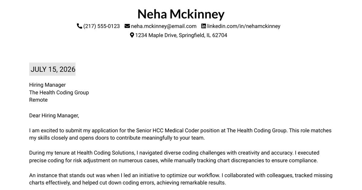 30+ Senior HCC Medical Coder Cover Letter Templates with Example 2026