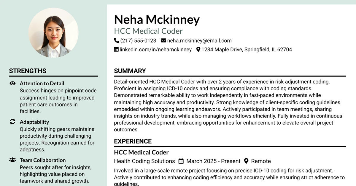 33 Senior HCC Medical Coder Resume Templates with Example 2026 (ATS-Optimized)