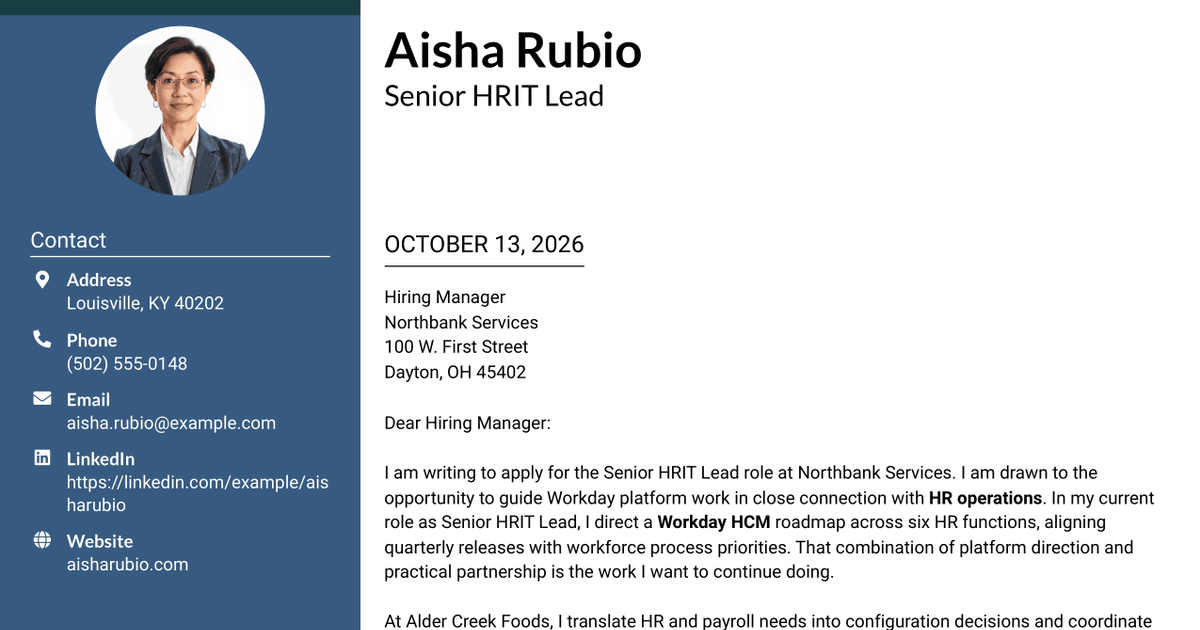 7 Senior HRIT Lead - Workday Cover Letter Templates with Example