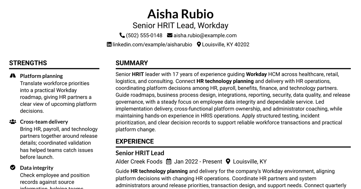 7 Senior HRIT Lead - Workday Resume Templates with Example